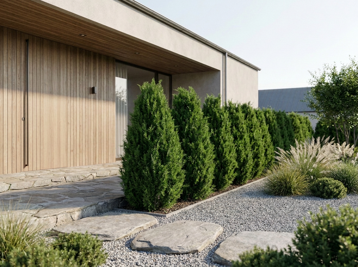 Smal Thuja Smaragd-häck längs en entré med naturstensgång