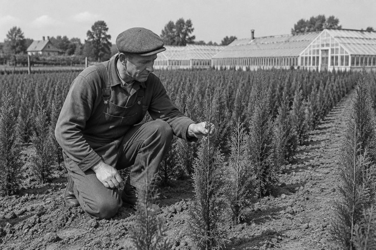 Plantskolearbetare granskar unga thujaplantor på ett fält, gammalt svartvitt foto